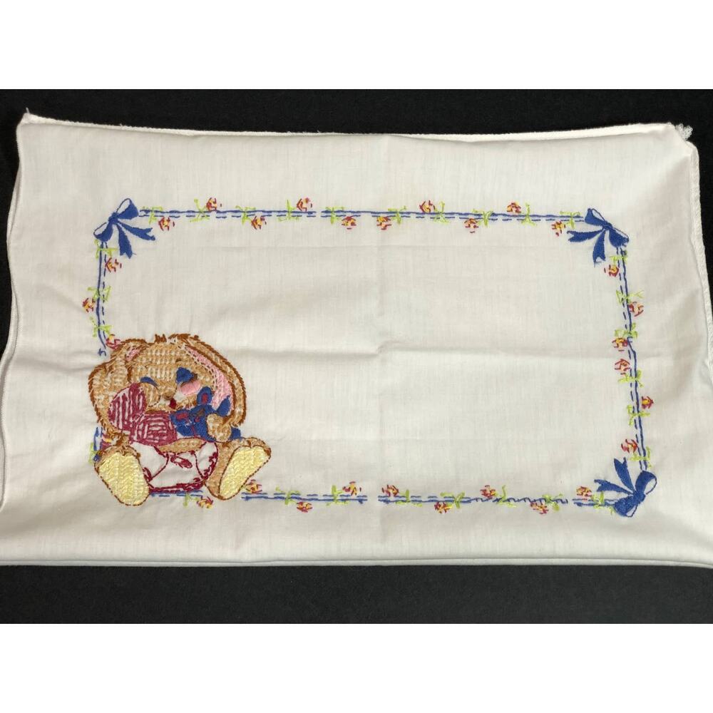 Vintage Embroidered Bunny Rabbit Baby Pillowcase, Handmade - Picture 6 of 10